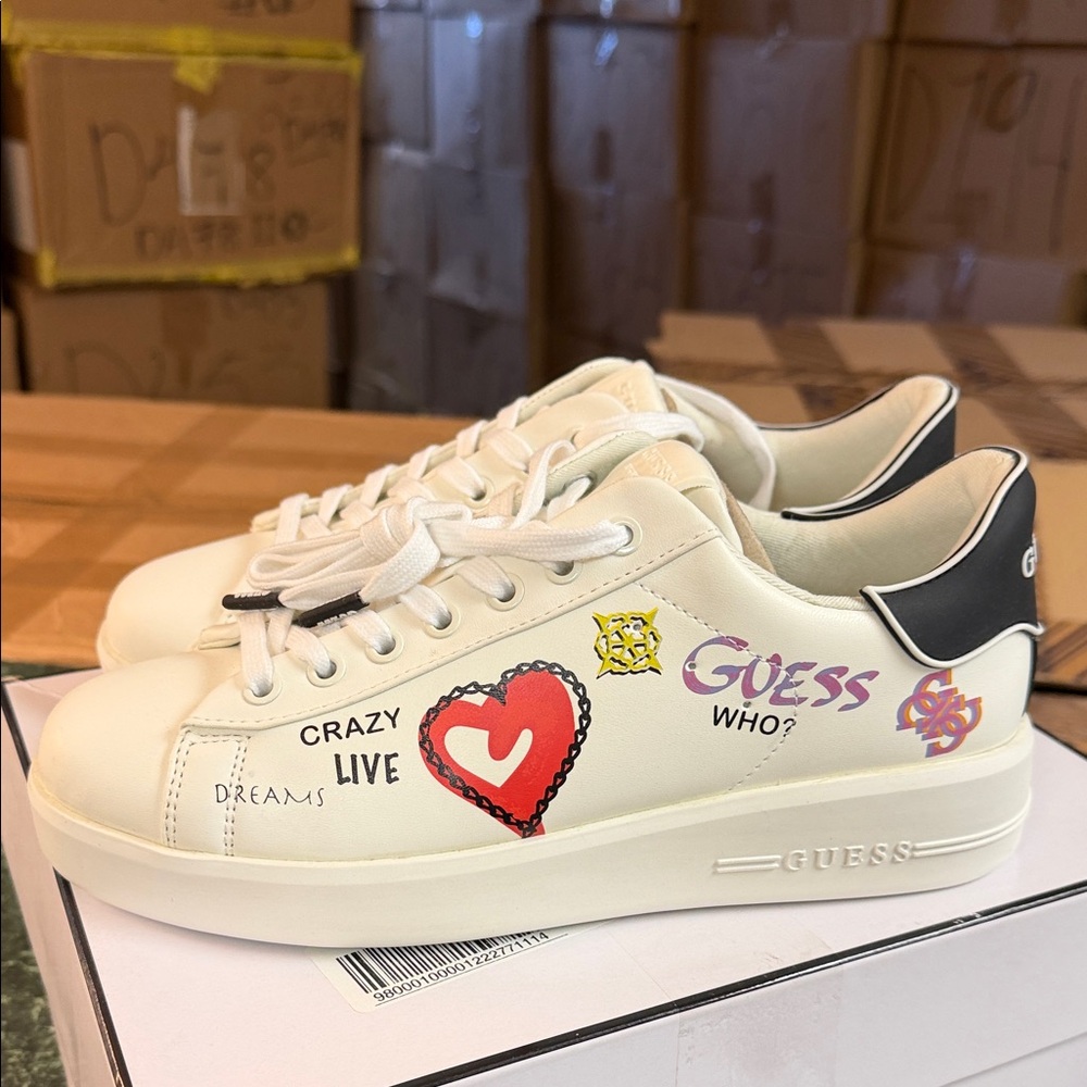 Guess White Sneakers with Red Heart and Black Heel Accents - Picture 5 of 5
